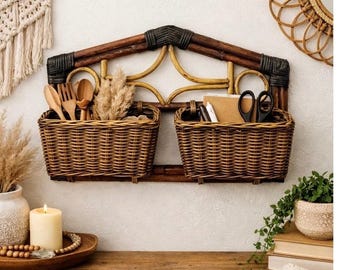 Vintage Bamboo Woven Storage w/ Double Wicker Baskets, Boho, Organic Design