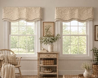 Par de cenefas de algodón con borde festoneado y estampado a cuadros Waverly Fern neutro para cocina rústica (EE. UU.)