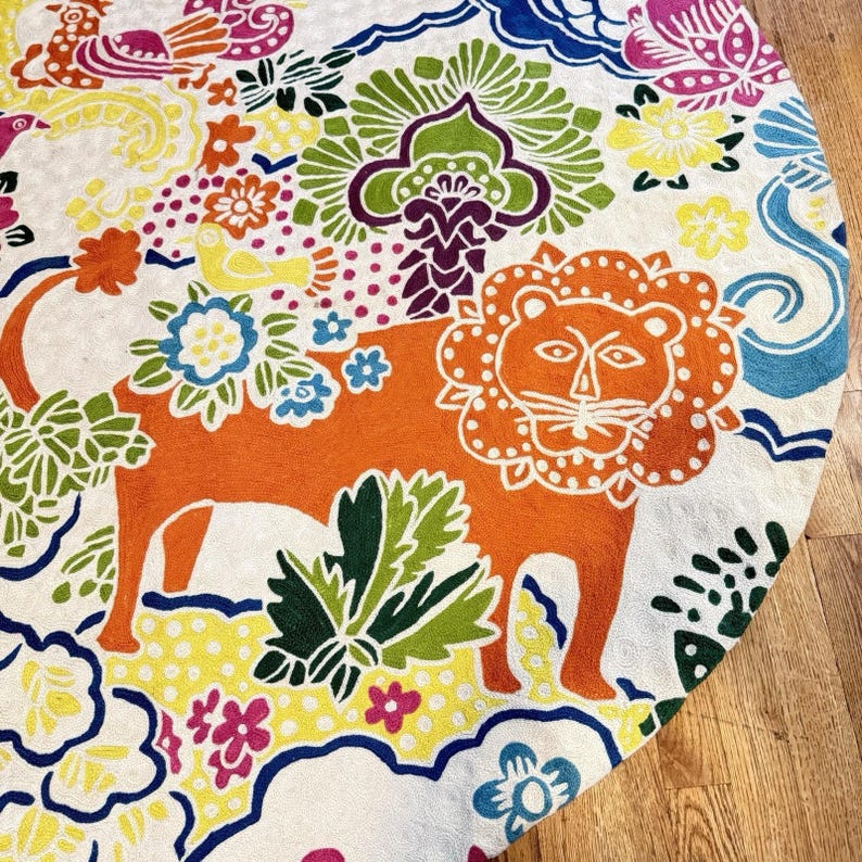 Anthropologie Crewel 56" Round Rug Dream Menagerie Boho Maximalist Cottagecore image 3