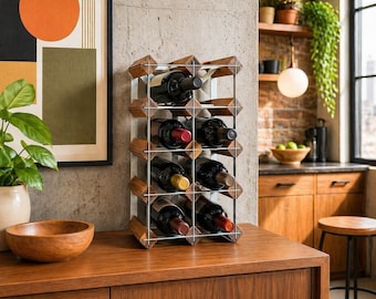 ヴィンテージ MCM 木製・金属製ワインラック 8本用 スカンジナビア風 壁掛けカウンターバー