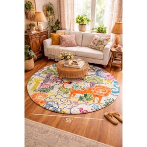 Anthropologie Crewel 56" Round Rug Dream Menagerie Boho Maximalist Cottagecore image 1