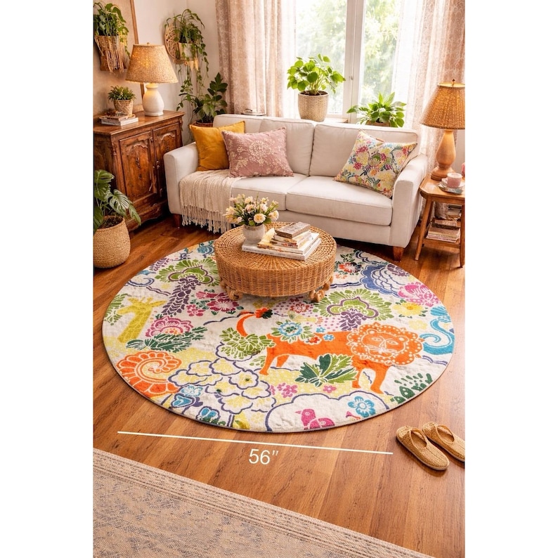 Anthropologie Crewel 56" Round Rug Dream Menagerie Boho Maximalist Cottagecore image 1