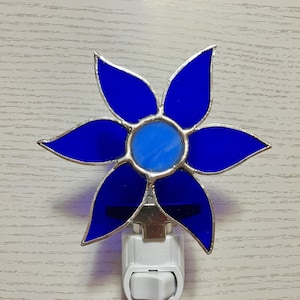 Flower Night Light, Blue Stained Glass, Plug In, Kitchen Lighting, Bathroom Decor, Swivel Light Sensor, Thinking of You Gift,
