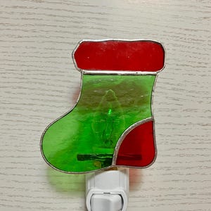 Holiday Stocking Night Light, Green and Red Stained Glass, Christmas Sock, Wall Plug in, Swivel Light Sensor