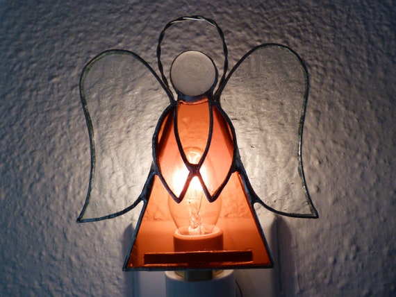 Orange Angel Night Light Stained Glass Wall Plug In Religious Guardian Bedroom Bathroom Decor Gift For Her Light Sensor Rotating Swivel