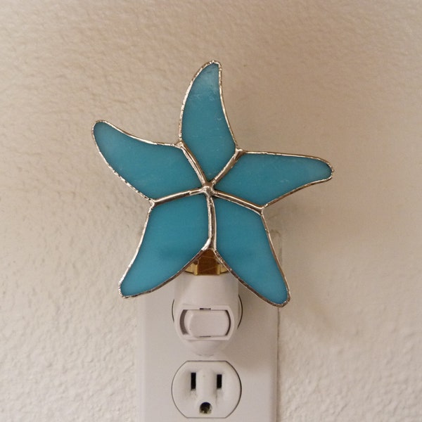 Starfish Night Light, Stained Glass Fish, Wall Plug in, Blue Bathroom Bedroom Kitchen Decor, Light Sensor Rotating Swivel Nightlight Base