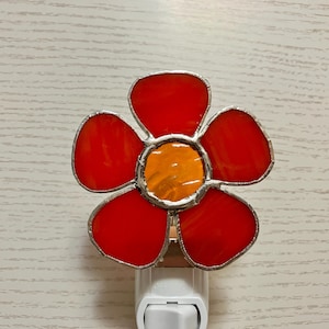 Red Flower Night Light, Gold Stained Glass, Wall Plug In, Gift For Friend, Bedroom Lighting, Bathroom Decor, Rotating Light Sensor