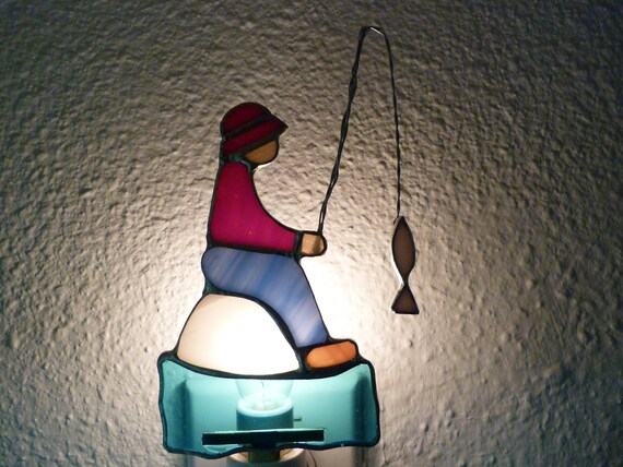 Fishing Night Light Red Stained Glass Fisherman Wall Plug Etsy