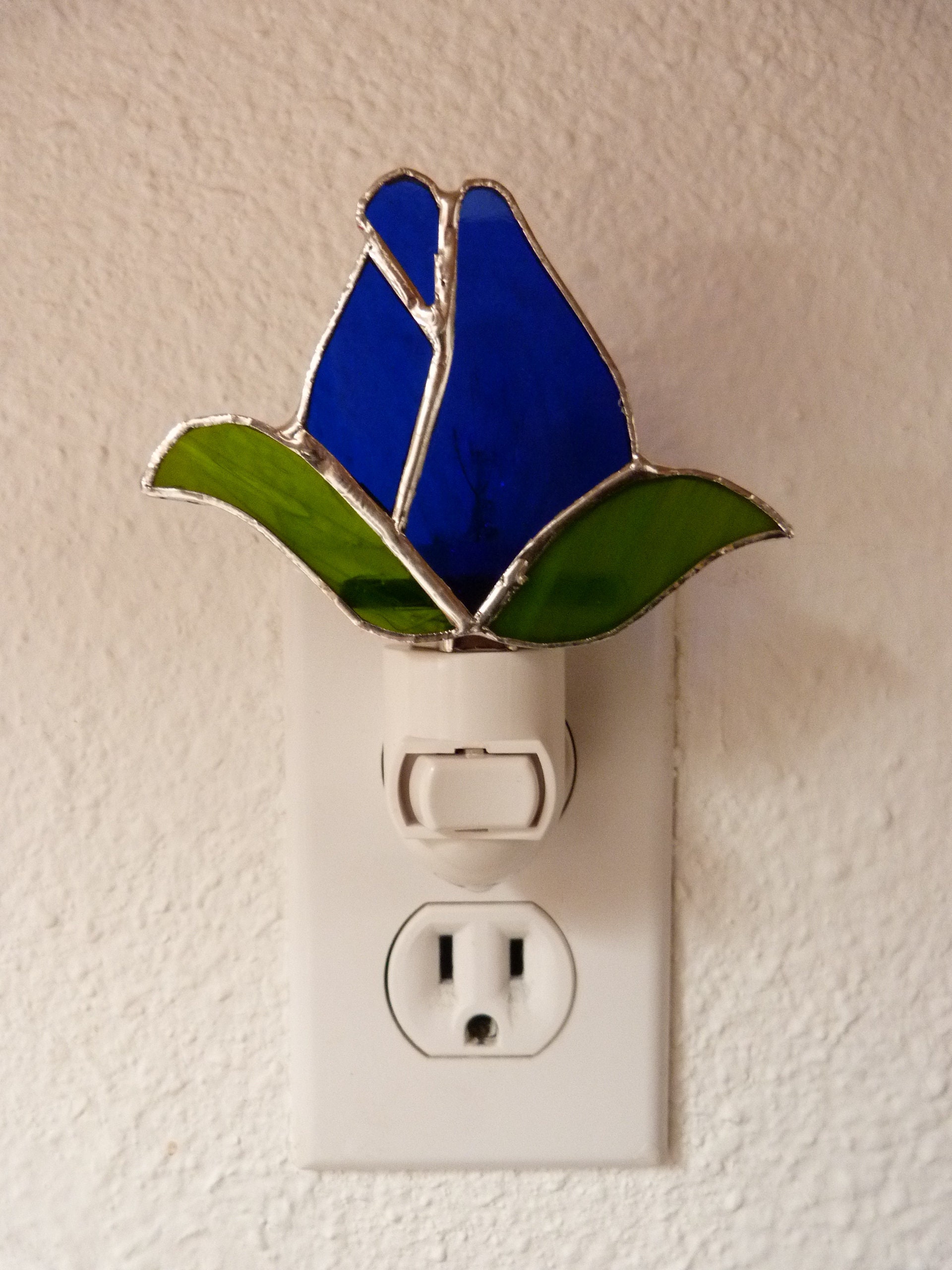 Flower Night Light Stained Glass Blue Rose Bud Wall Plug In Etsy