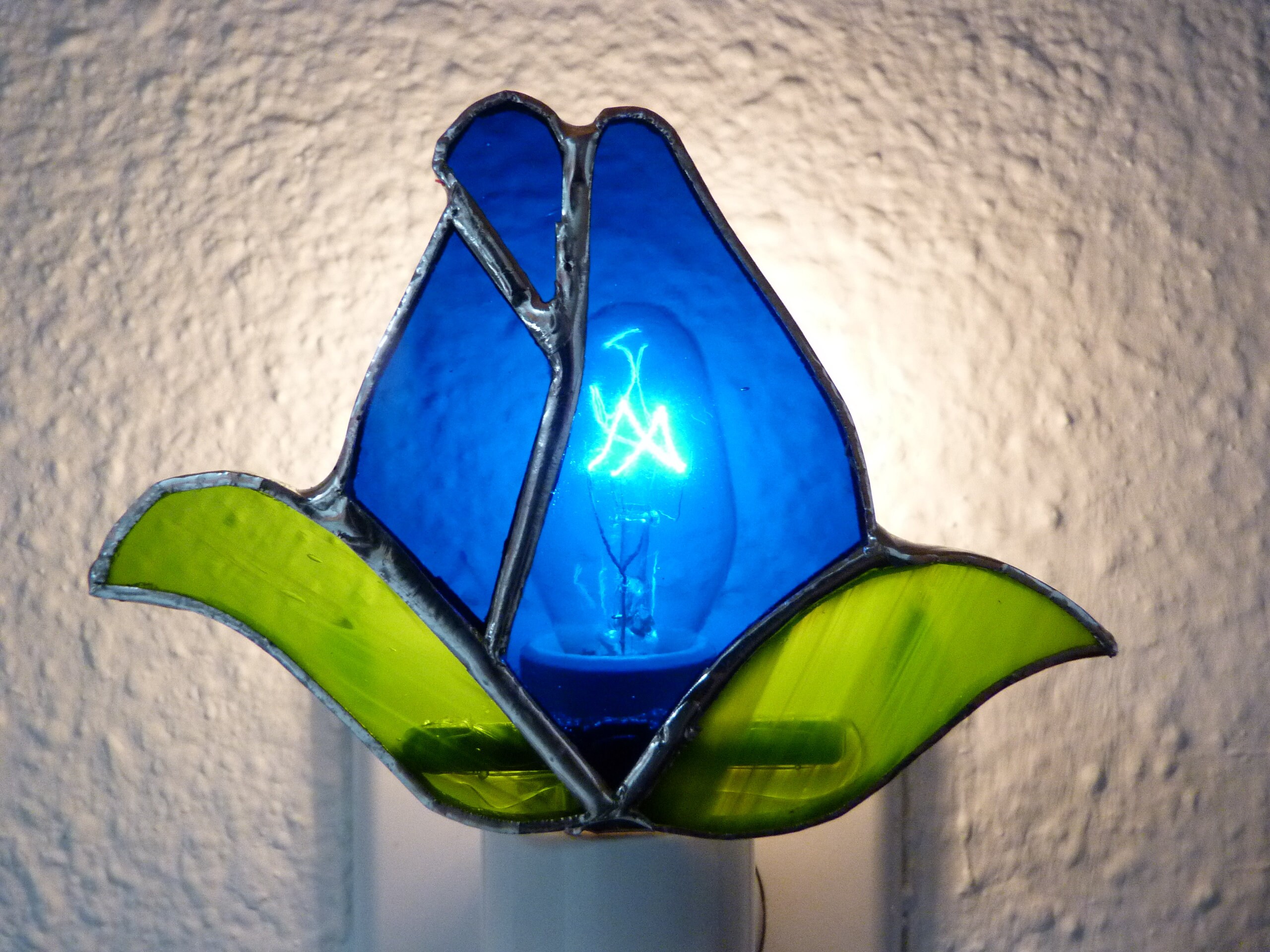 Flower Night Light Stained Glass Blue Rose Bud Wall Plug In Etsy