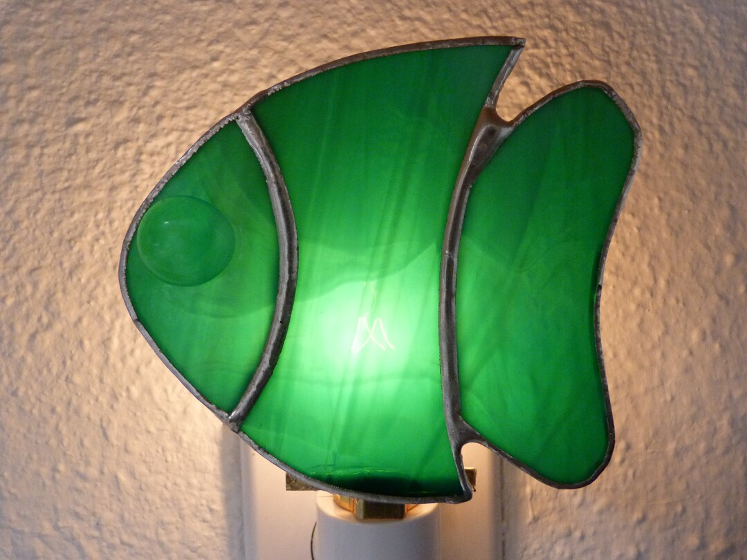 Fish Night Light, Green Stained Glass, Wall Plug In, Gift for Man Kids Bathroom Bedroom Beach