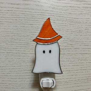 Ghost Night Light, Orange Witch Hat, Stained Glass, Wall Plug in, Halloween Gift, Bedroom Art, Bathroom Decor, Swivel Light Sensor