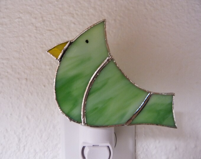 Green Night Light, Real Stained Glass Bird, Wall Plug In, Bathroom
