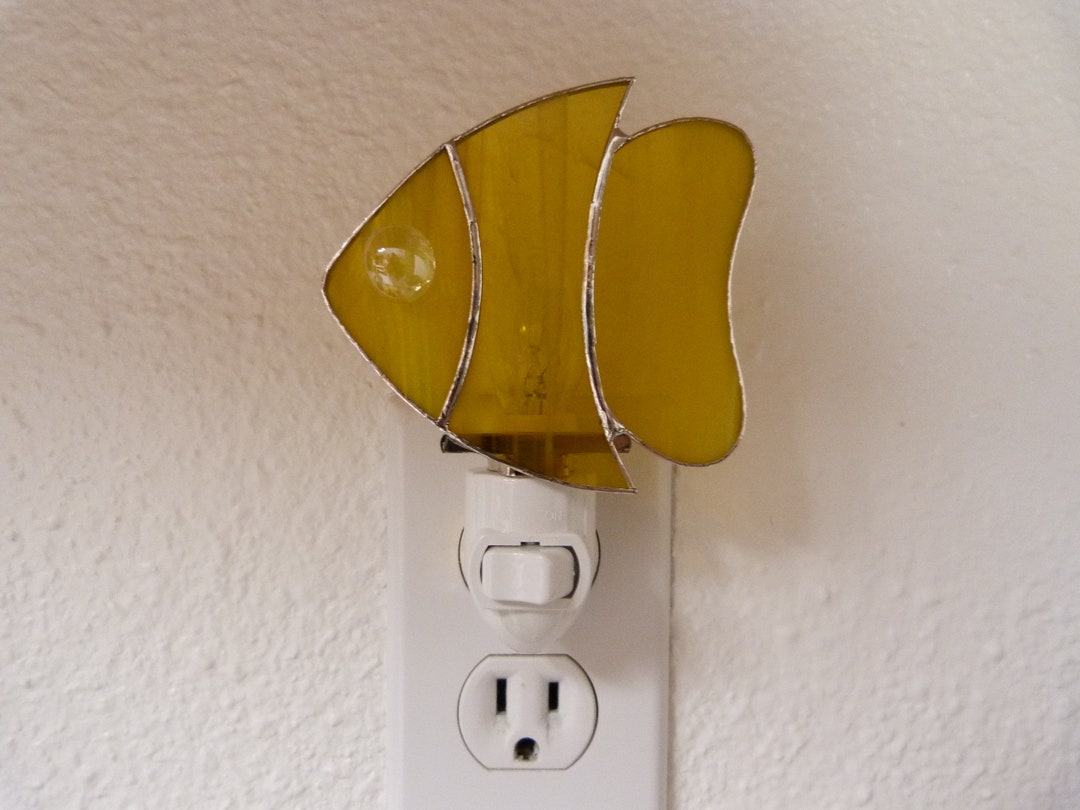 Stained Glass Fish Night Light, Wall Plug In, Yellow Bathroom Bedroom Beach House Nightlight