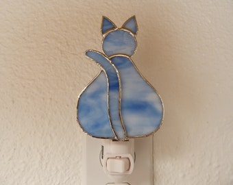 Blue Cat Night Light, Real Stained Glass, 3D, Kitty Kitten Animal Pet Bedroom Bathroom Kitchen Decor, U L Certified, Light Sensor Swivel