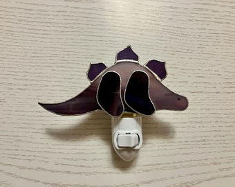 Dinosaur Night Light, Stained Glass, Purple Stegosaurus, Plug In, Baby Shower Gift, Nursery Lighting, Bedroom Decor, Swivel Light Sensor