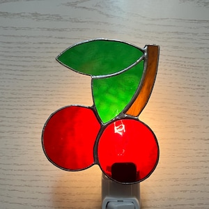 Cherries Night Light, Red Stained Glass Cherry, Kitchen Art, Bedroom Lighting, Bathroom Decor, Wall Plug In, Rotating Light Sensor