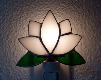 Stained Glass Night Light, White Lotus Flower, Wall Plug In, Bedroom Kitchen Bathroom Living Room Decor,  Light Sensor Swivel, Gift For Mom