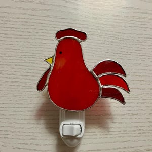 Rooster Night Light, Red Bird, Stained Glass, Plug In, Kitchen Art, Bathroom Lighting, Farmhouse Decor, Swivel Light Sensor, Gift for Mom