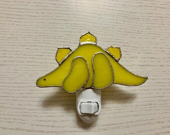 Dinosaur Night Light, Yellow Stegosaurus, Stained Glass, Gift For Kids, Nursery Lighting, Bedroom Decor Swivel Light Sensor, Wall Plug In