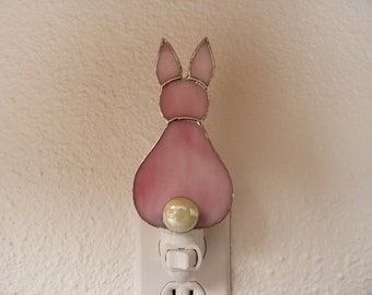 Bunny Rabbit Night Light, Pink Stained Glass, Easter Nightlight, Bedroom Bathroom Nursery Decor, Wall Plug In Light Sensor Rotating Base