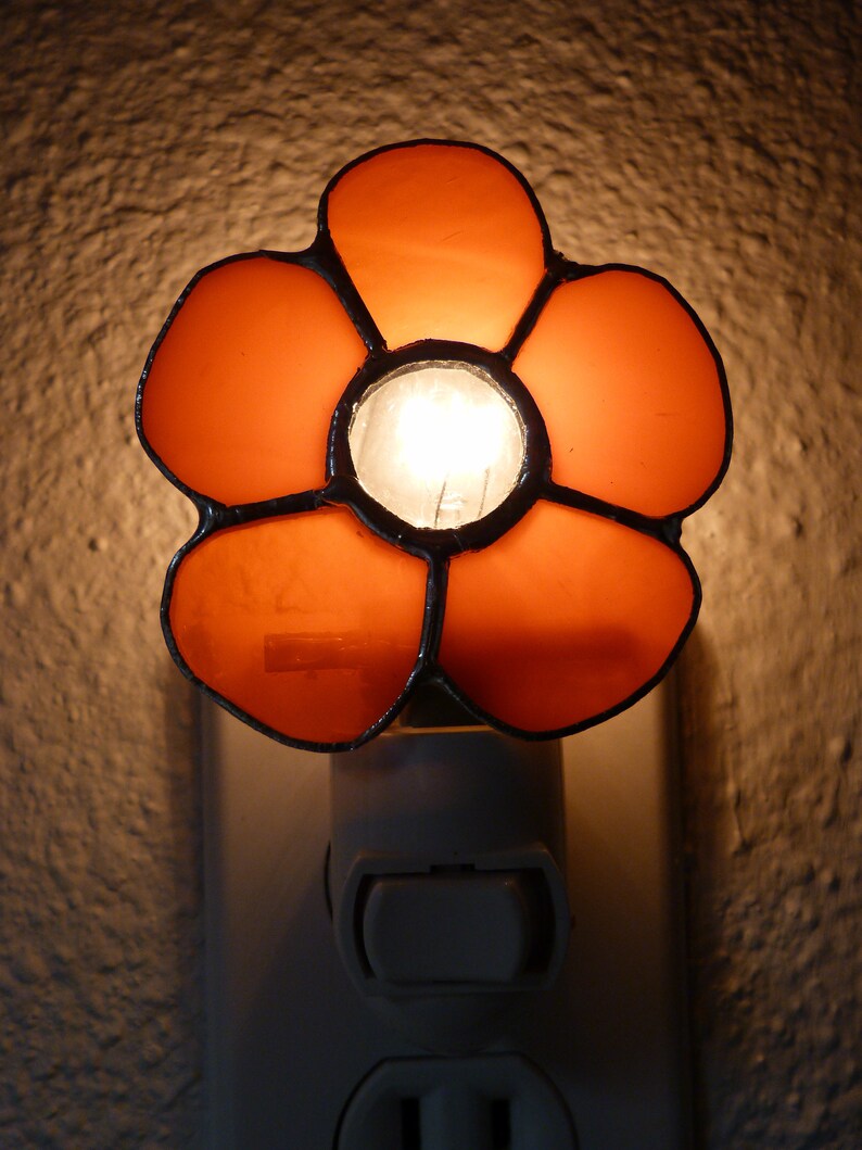 Flower Night Light Orange Stained Glass Wall Plug In Gift Etsy