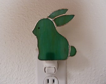 Bunny Night Light, Green Brown Stained Glass Rabbit, Bedroom Bathroom Nursery Decor, Wall Plug In Light Sensor Rotating Base, Easter Gift