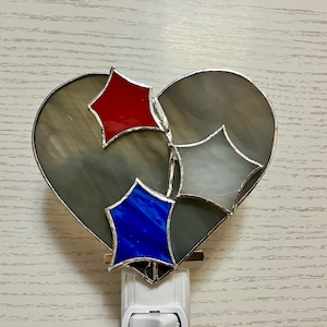 Stained Glass Heart Night Light, White Blue and Red Stars, Swivel Light Sensor, Wall Plug In