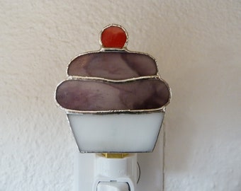 Night Light, Stained Glass Purple Cupcake, Kitchen Bedroom Nursery Bakery Bathroom Decor, Wall Plug In Light Sensor Rotating Nightlight Base