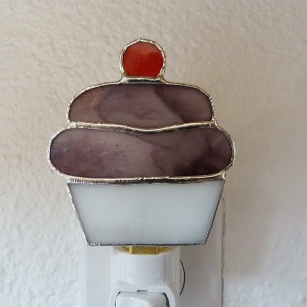 Night Light, Stained Glass Purple Cupcake, Kitchen Bedroom Nursery Bakery Bathroom Decor, Wall Plug In Light Sensor Rotating Nightlight Base