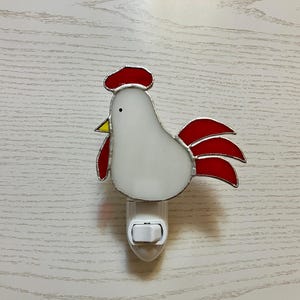 Rooster Night Light, White Bird, Stained Glass, Farmhouse Accent, Kitchen Decor, Wall Plug In, Swivel Light Sensor, Gift for a Woman