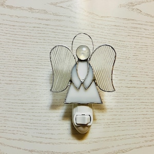White Guardian Angel Nightlight, Stained Glass, Light Sensor, Rotating Base
