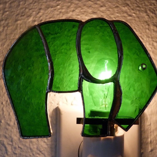 Green Elephant Night Light, Stained Glass, Circus Animal, Wall Plug in, Gift For Boys Girls Kids Bedroom Bathroom Nursery Decor, Rotating