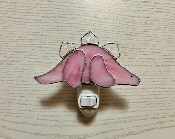 Dinosaur Night Light, Pink Stegosaurus, Stained Glass Art, Wall Plug In, Nursery Lighting, Bedroom Decor, Gift for Girl, Swivel Light Sensor