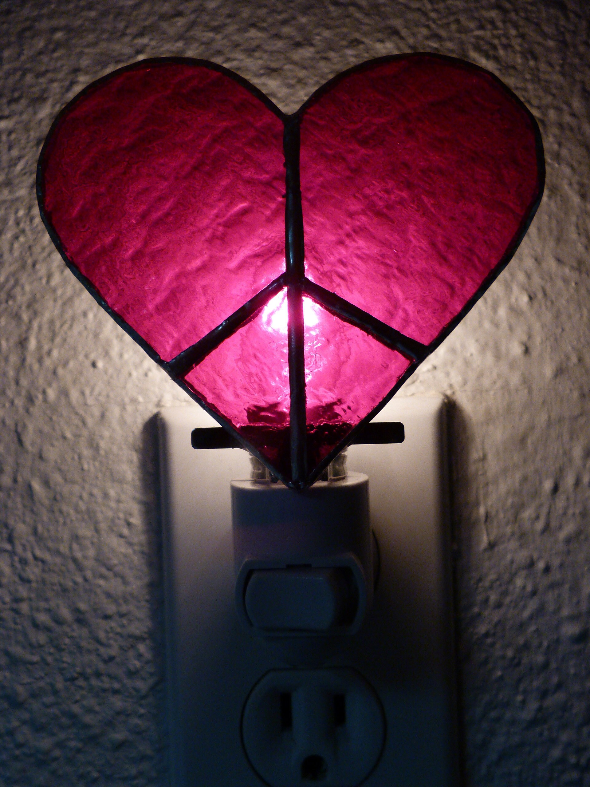 Night Light Red Stained Glass Heart Peace Sign Wall Plug In Etsy