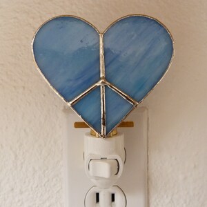 Night Light, Blue Heart Peace Sign, Stained Glass, Wall Plug In, Woman Girl Bedroom Bathroom Kitchen Decor, Light Sensor Valentines Day