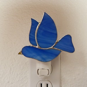 Blue Bird Night Light, Real Stained Glass, Wall Plug In, U L Certified, Bathroom Kitchen Bedroom Decor, Light Sensor Rotating Nightlight