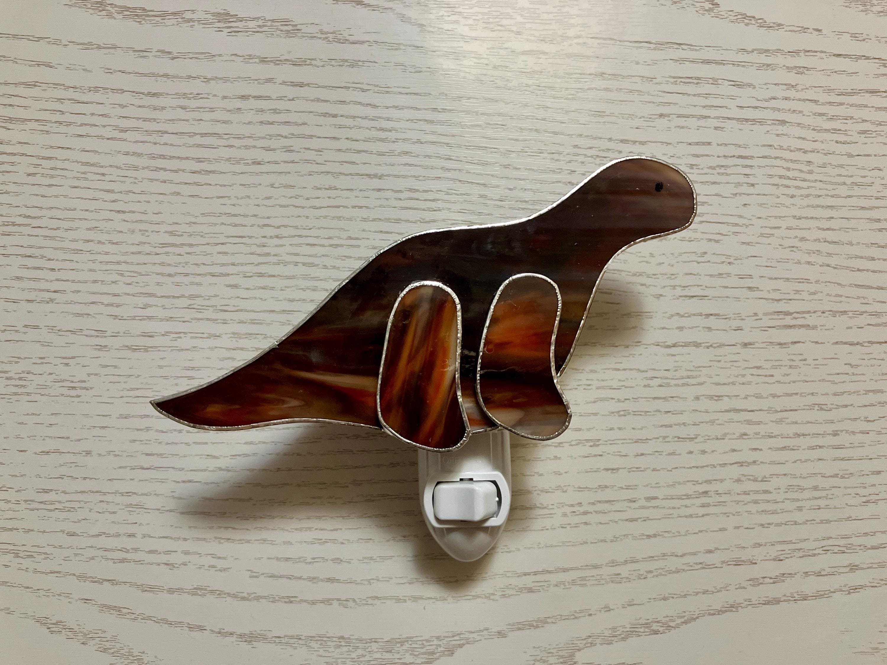 Dinosaur Night Light, Stained Glass, Brown Brontosaurus, Wall Plug In, Swivel Light Sensor