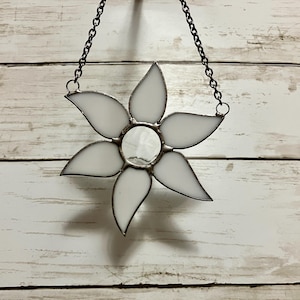 White Stained Glass Flower Suncatcher, Floral Window Decor