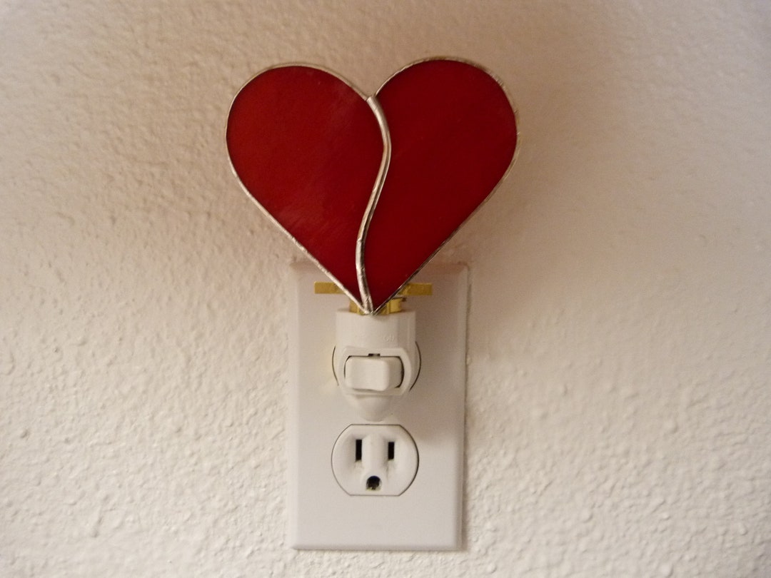 Red Heart Night Light, Stained Glass, Wall Plug In, Valentines Day Gift