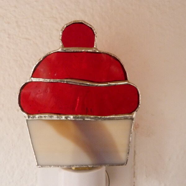 Cupcake Night Light, Red Stained Glass, Wall Plug In, Kitchen Bedroom Nursery Decor, Light Sensor Rotating Swivel Base, Gift For Girl Kid