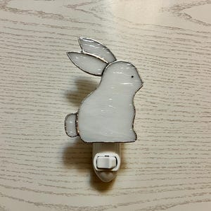 White Bunny Night Light, Stained Glass Rabbit, Wall Plug In