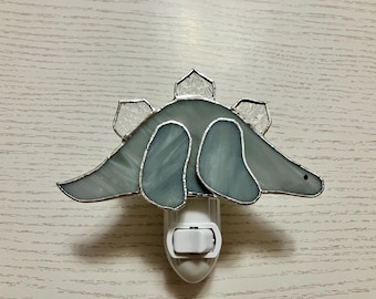 Dinosaur Night Light, Gray Stegosaurus, Stained Glass, Wall Plug In, Nursery Lighting, Bedroom Decor, Gift for Grandson, Swivel Light Sensor