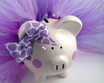 Polka Dot Tutu Piggy Bank-Piglet- Light purple, dark purple and white-Baby Gift