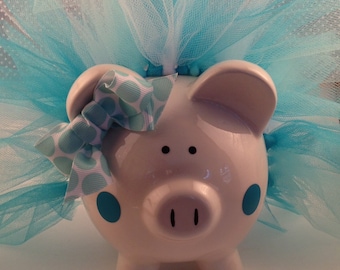 Polka Dot Tutu Piggy Bank-Piglet- turquoise, light blue and white, Baby Gift