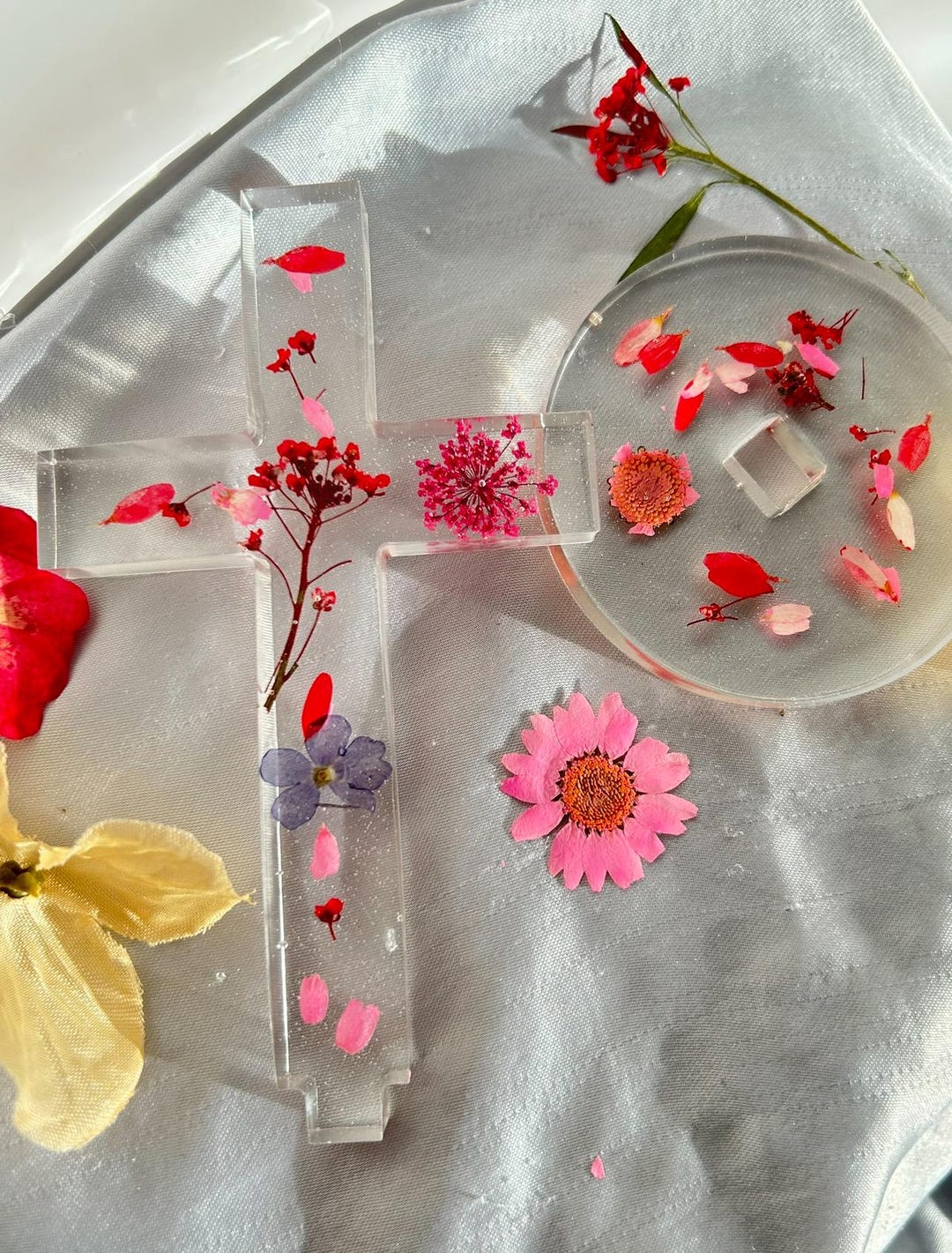 Pink Pressed Flower Resin Cross• Easter Gift Decor • Memorial Christian