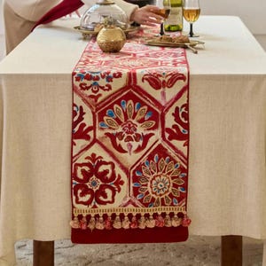 Boho Geometric Table Runner with Tassels, Southwestern Tribal Dining Decor, Custom