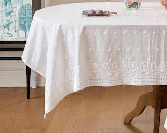 White Lace Tablecloth, Embroidered Dining Table Cover, Elegant Home Decor
