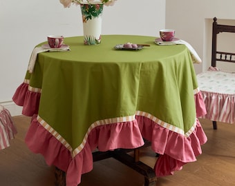 Custom Cotton Tablecloth with Pink Velvet Ruffle, Farmhouse & Cottage Style, Gift for Home