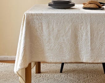 Waterdicht tafelkleed met paisley-jacquard, crèmewit, decor boerderij, aangepast formaat
